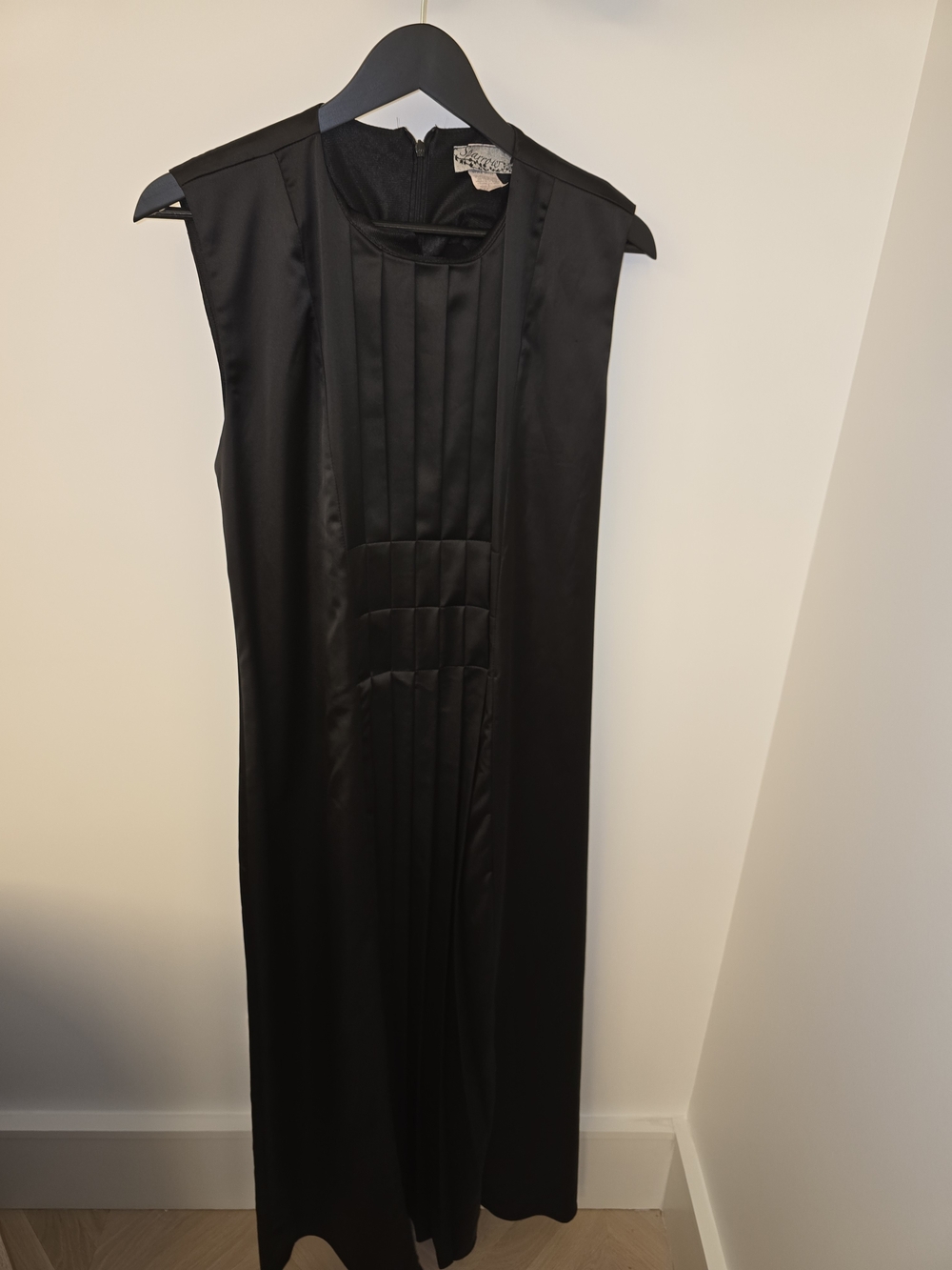 Sleeveless Black Satin Maxi Dress with Panel Pleats
